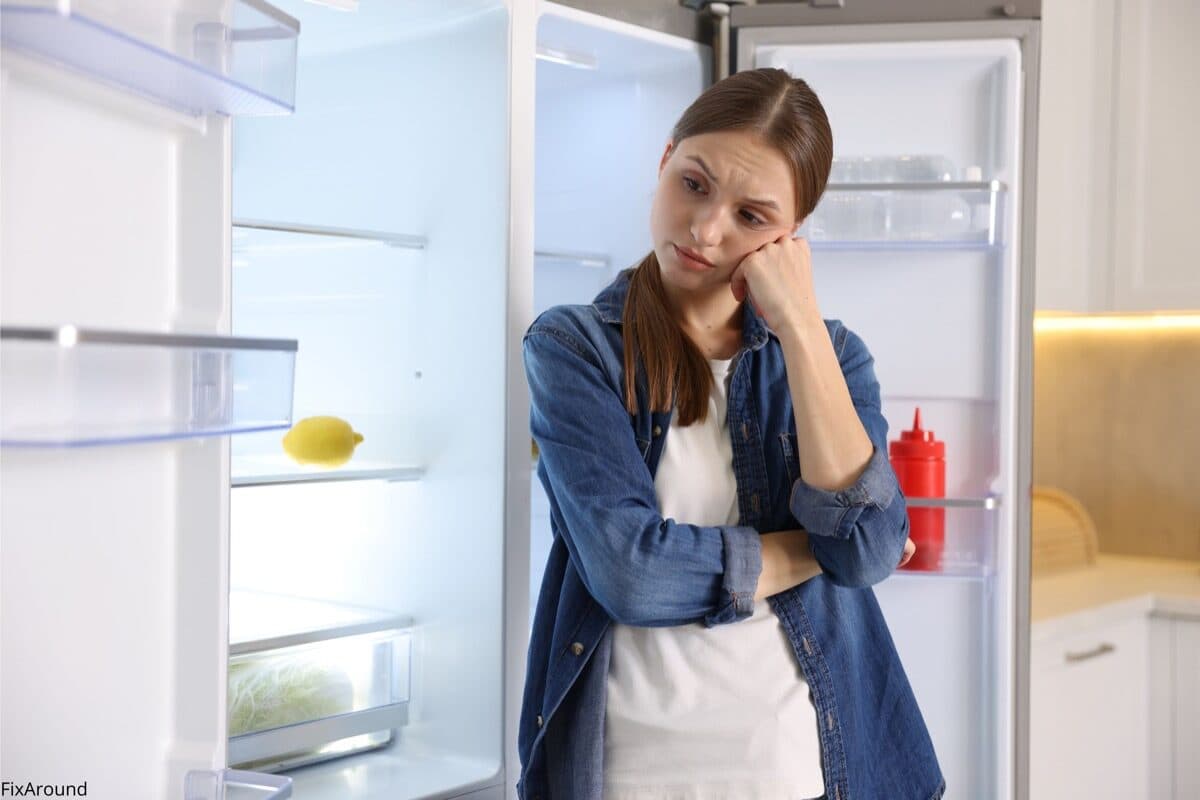Засмучена жінка біля холодильника що не працює