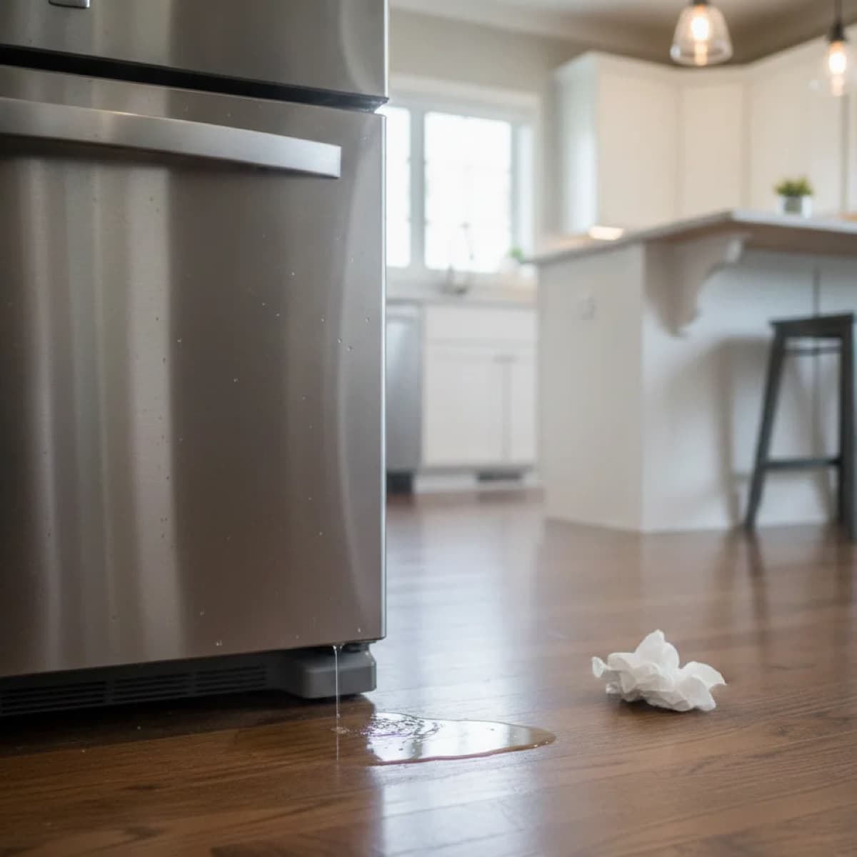 Калюжа води під холодильником — протікання на підлозі